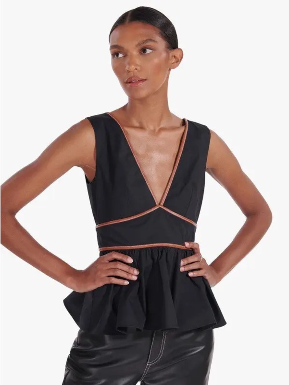 STAUD Black Peplum V-Neck Top with Contrast Trim